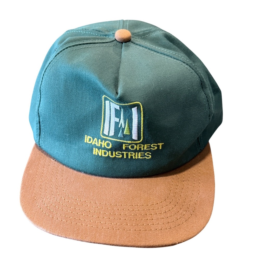 Vintage K-Products Idaho Forest Industries Snapback Hat Green Tan Made in USA